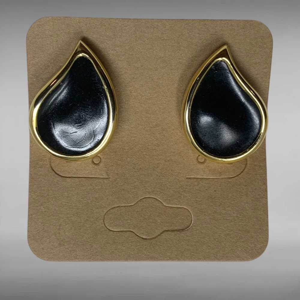 Vintage 1980's Kenneth Jay Lane KJL Black Enamel Teardrop Clip On Earrings Mogul - Picture 7 of 7